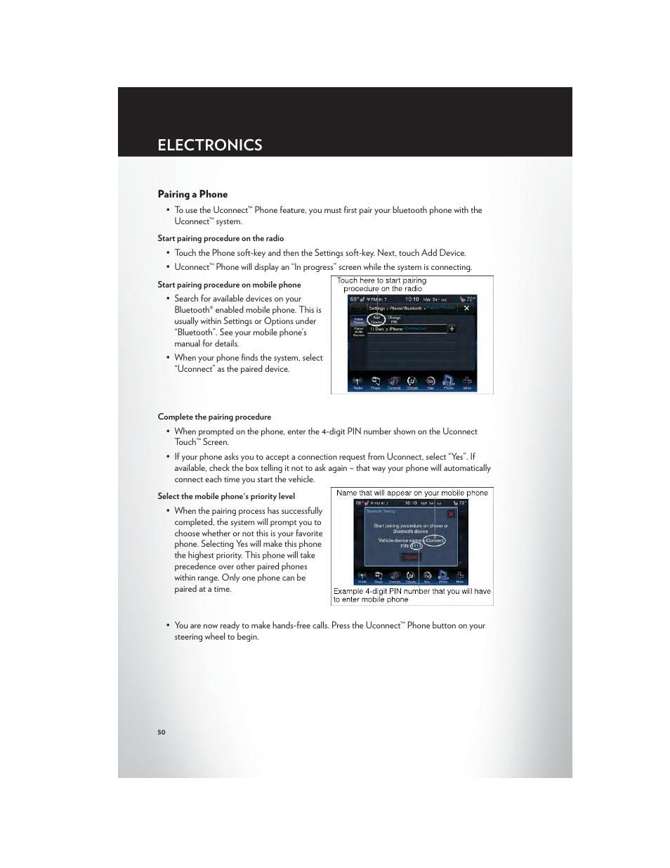 Pairing a phone, Electronics | Chrysler 2012 300 SRT - User Guide User Manual | Page 52 / 124