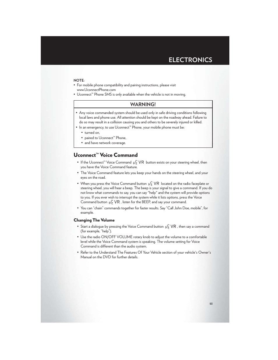 Uconnect™ voice command, Changing the volume, Electronics | Warning | Chrysler 2012 300 SRT - User Guide User Manual | Page 55 / 124
