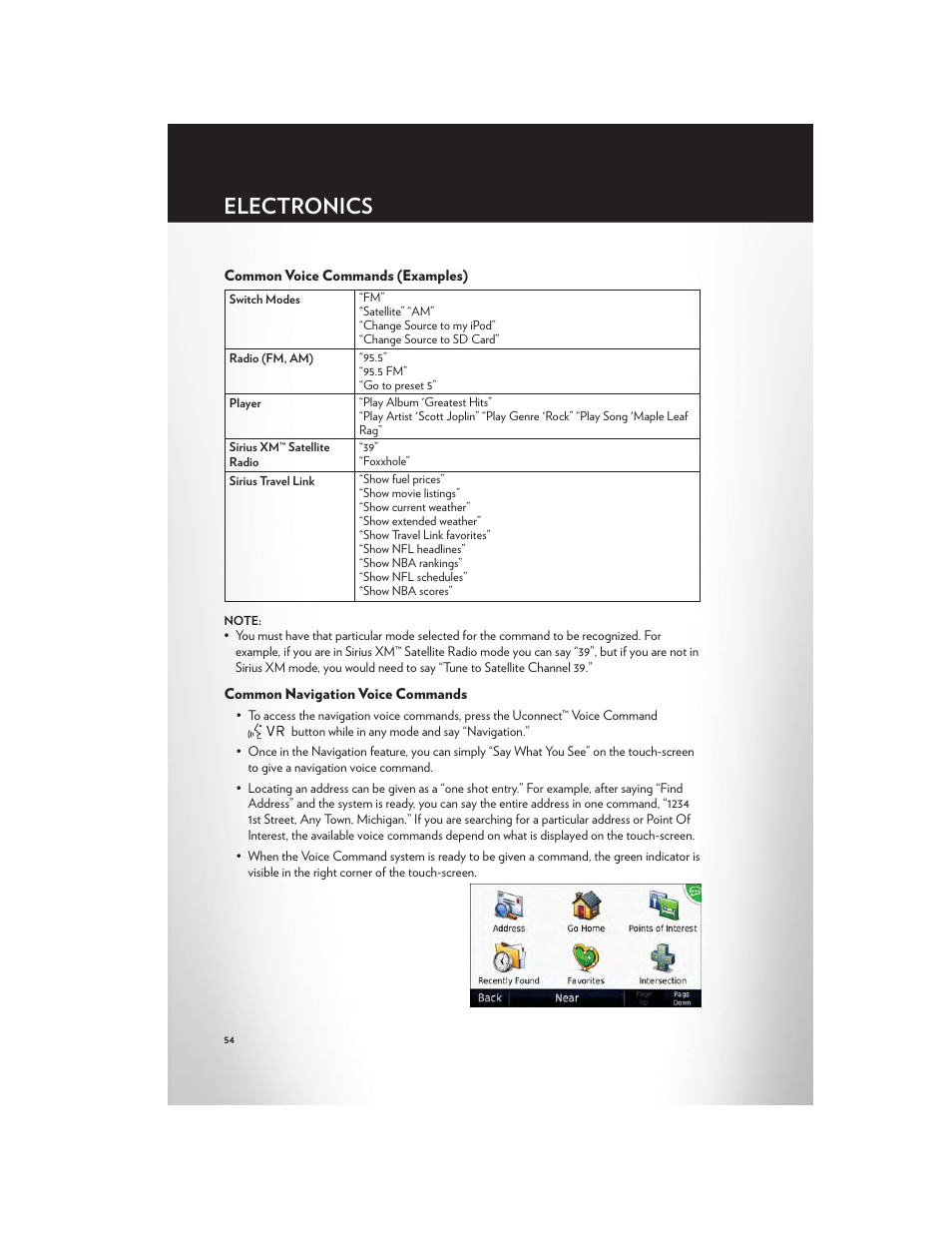 Common voice commands (examples), Common navigation voice commands, Electronics | Chrysler 2012 300 SRT - User Guide User Manual | Page 56 / 124