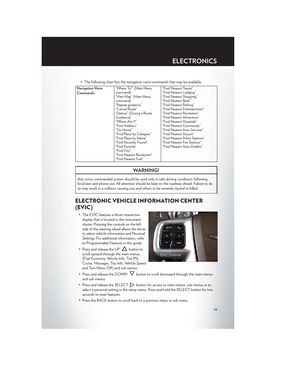 Electronic vehicle information center (evic), Electronics, Warning | Chrysler 2012 300 SRT - User Guide User Manual | Page 57 / 124