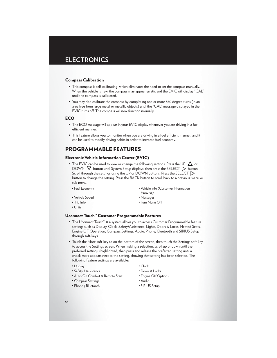Compass calibration, Programmable features, Electronic vehicle information center (evic) | Uconnect touch™ customer programmable features, Electronics | Chrysler 2012 300 SRT - User Guide User Manual | Page 58 / 124