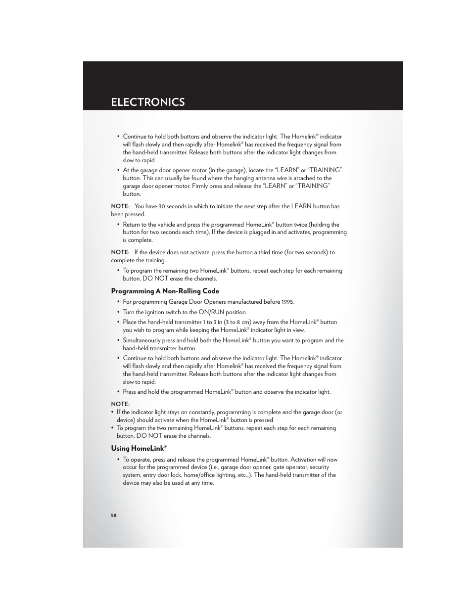 Programming a non-rolling code, Using homelink, Electronics | Chrysler 2012 300 SRT - User Guide User Manual | Page 60 / 124