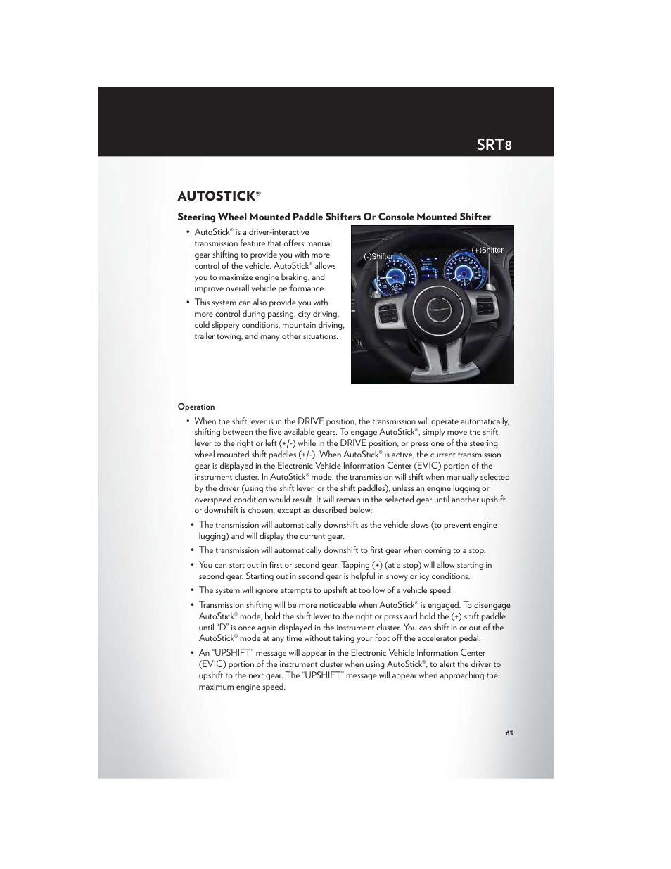 Srt8, Autostick | Chrysler 2012 300 SRT - User Guide User Manual | Page 65 / 124