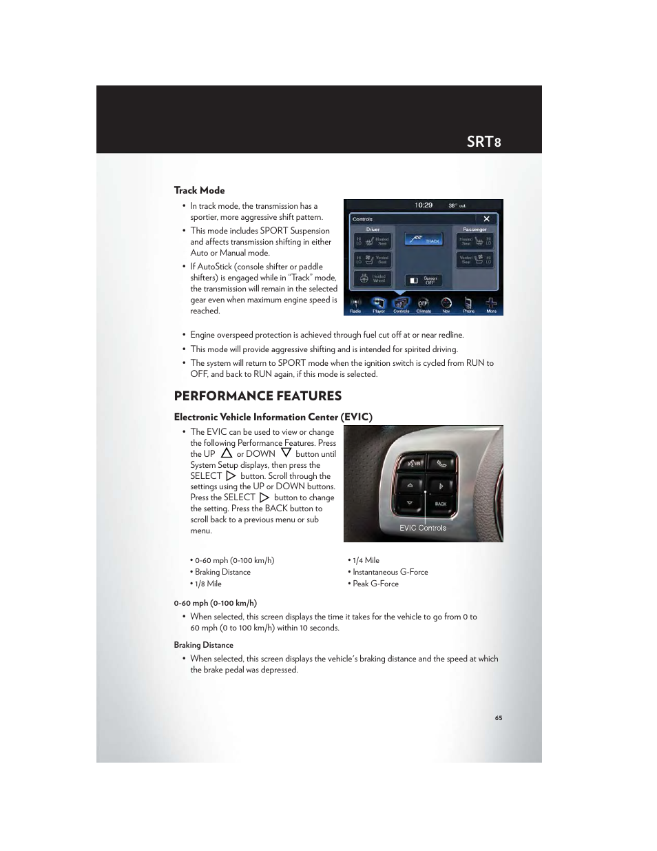 Track mode, Performance features, Electronic vehicle information center (evic) | Srt8 | Chrysler 2012 300 SRT - User Guide User Manual | Page 67 / 124