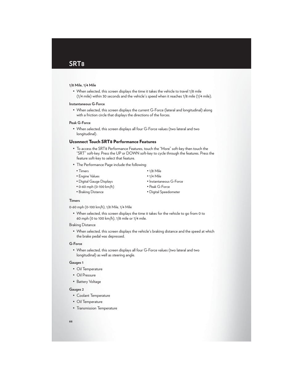 Uconnect touch srt8 performance features, Srt8 | Chrysler 2012 300 SRT - User Guide User Manual | Page 68 / 124