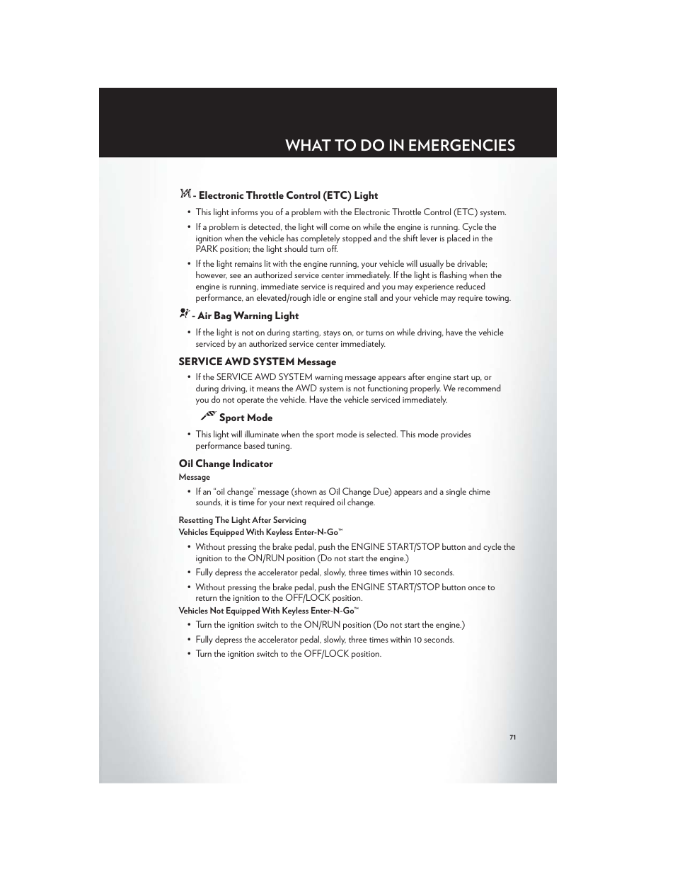 Electronic throttle control (etc) light, Air bag warning light, Service awd system message | Sport mode, Oil change indicator, What to do in emergencies | Chrysler 2012 300 SRT - User Guide User Manual | Page 73 / 124