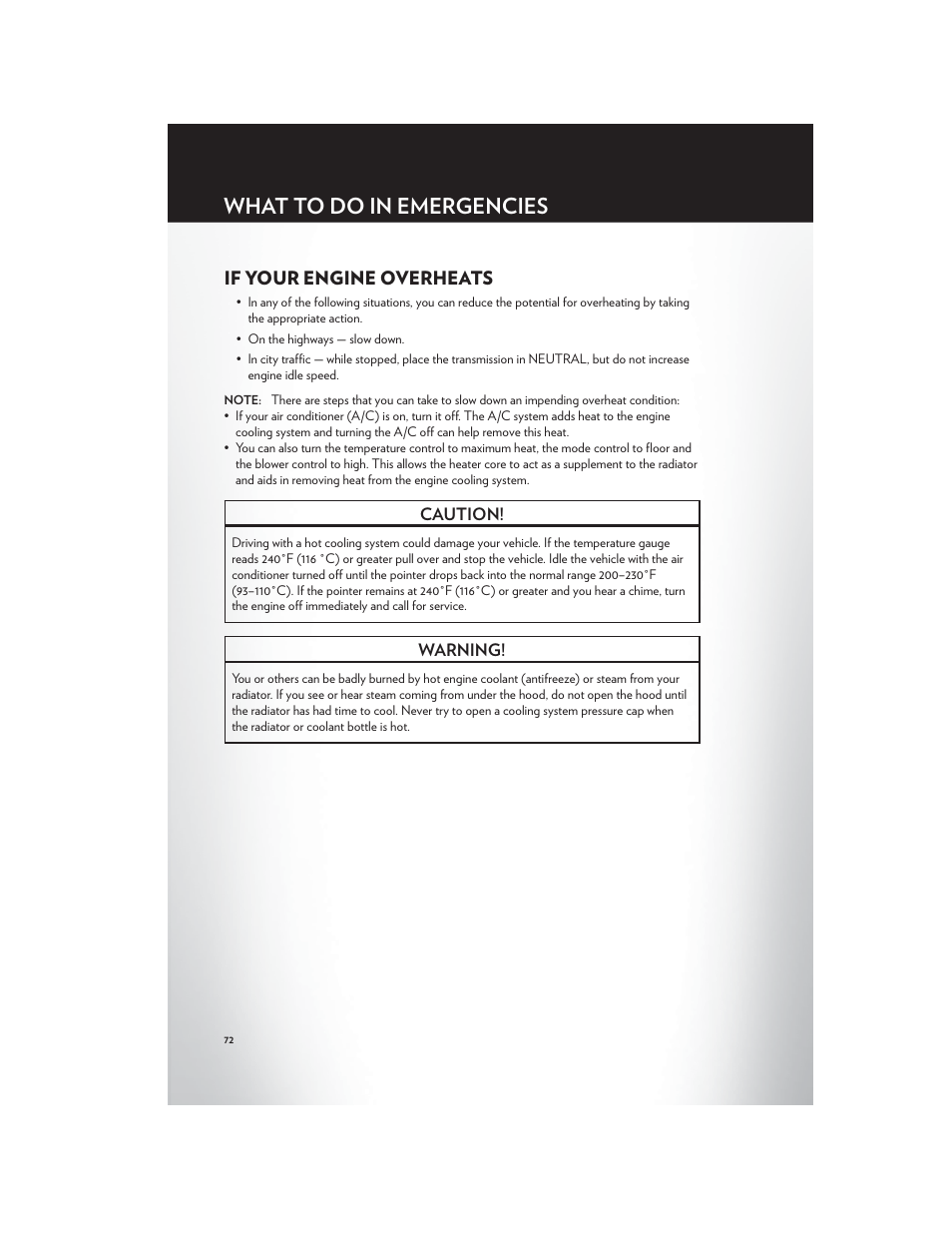 If your engine overheats, What to do in emergencies | Chrysler 2012 300 SRT - User Guide User Manual | Page 74 / 124