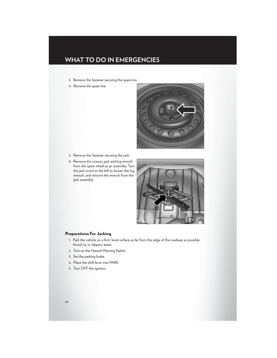Preparations for jacking, What to do in emergencies | Chrysler 2012 300 SRT - User Guide User Manual | Page 76 / 124