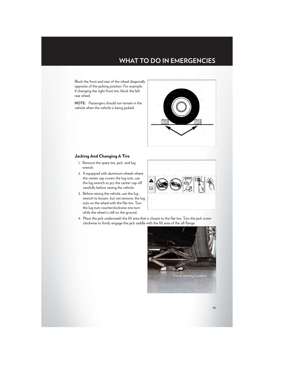 Jacking and changing a tire, What to do in emergencies | Chrysler 2012 300 SRT - User Guide User Manual | Page 77 / 124
