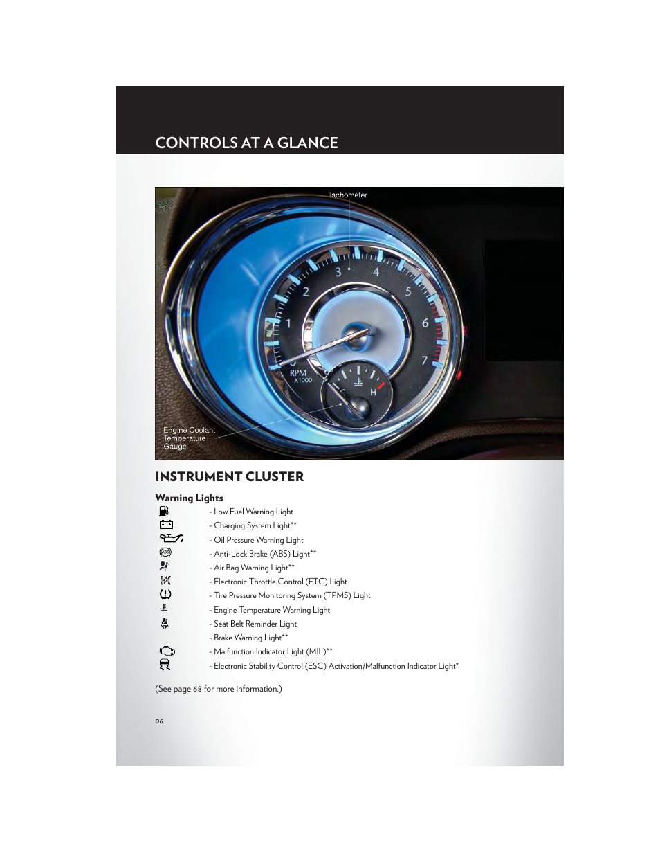 Instrument cluster, Warning lights, Controls at a glance | Chrysler 2012 300 SRT - User Guide User Manual | Page 8 / 124