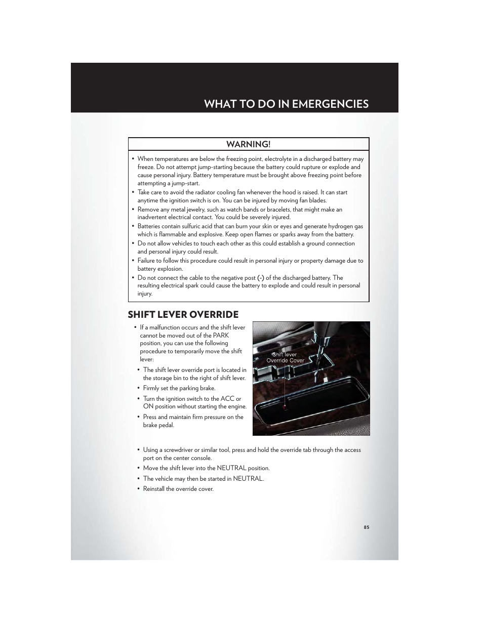 Shift lever override, What to do in emergencies, Warning | Chrysler 2012 300 SRT - User Guide User Manual | Page 87 / 124