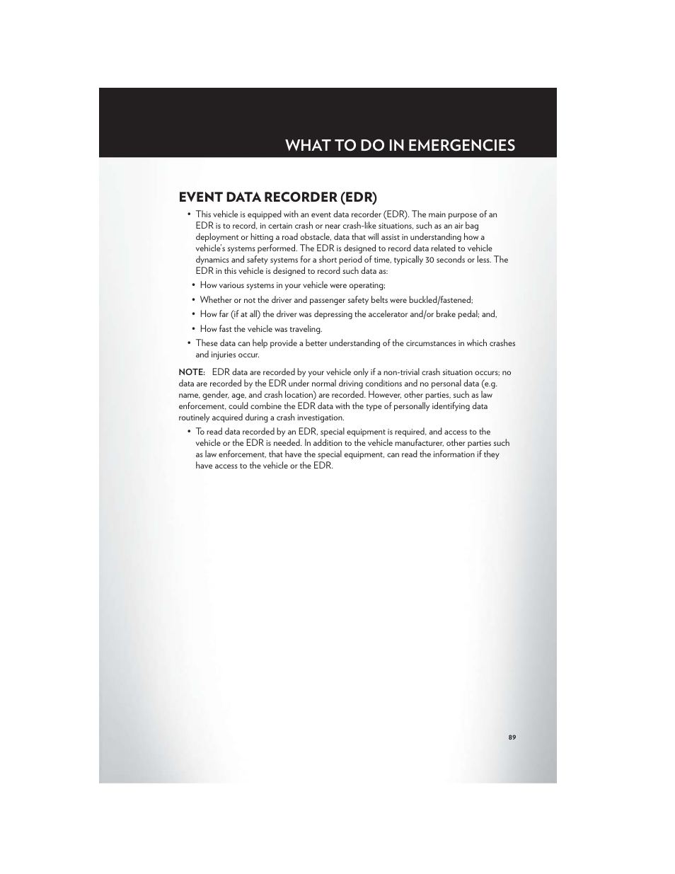 Event data recorder (edr), What to do in emergencies | Chrysler 2012 300 SRT - User Guide User Manual | Page 91 / 124