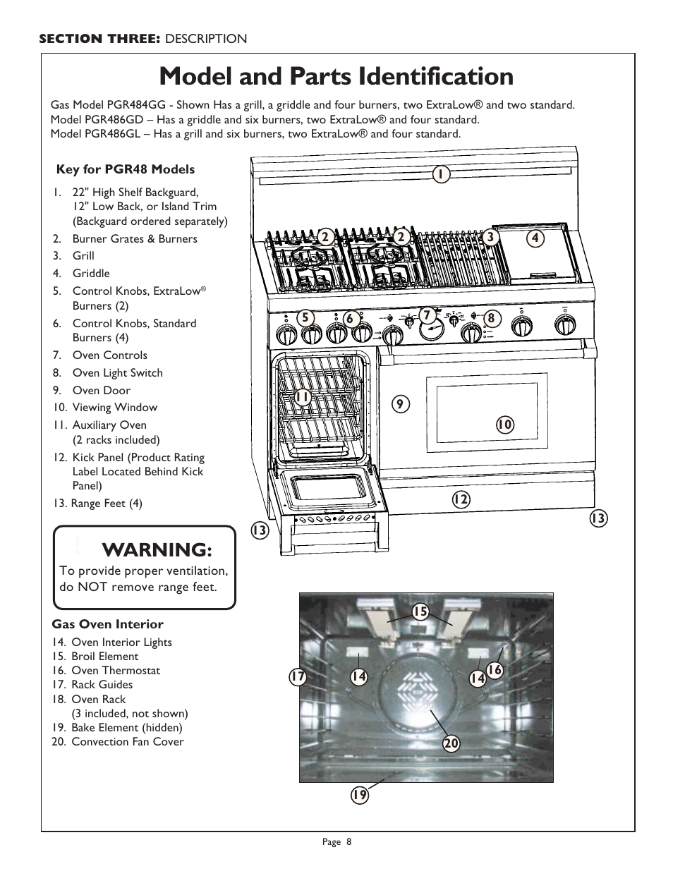 Model and parts identification, Warning | Thermador PGR304 User Manual | Page 10 / 48