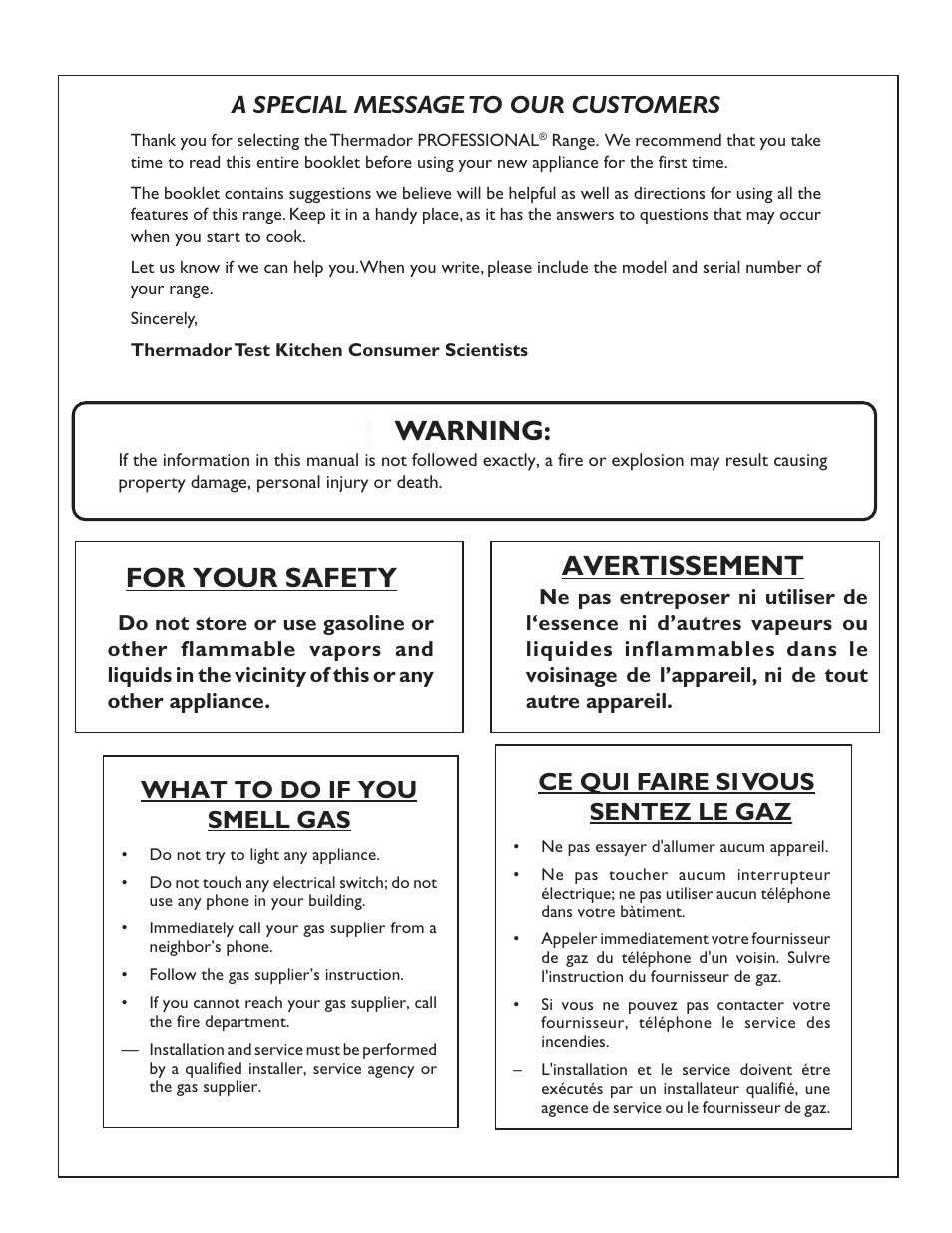 Warning, Avertissement, For your safety | A special message to our customers, What to do if you smell gas, Ce qui faire si vous sentez le gaz | Thermador PGR304 User Manual | Page 2 / 48