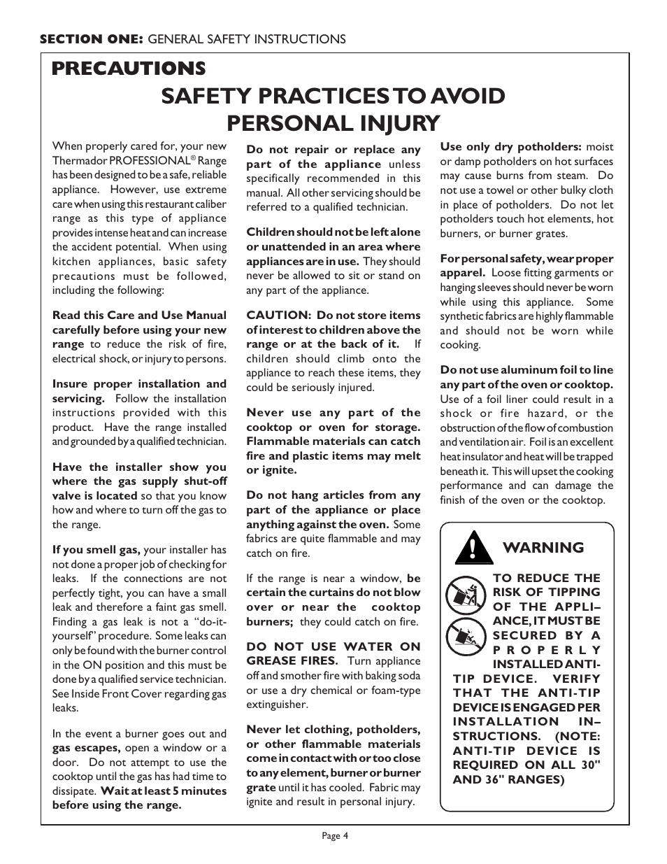 Safety practices to avoid personal injury, Precautions | Thermador PGR304 User Manual | Page 6 / 48