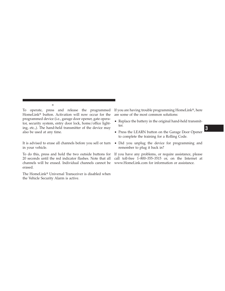 Using homelinkĥ, Security, Troubleshooting tips | Using homelink | Chrysler 2012 300 SRT - Owner Manual User Manual | Page 255 / 557