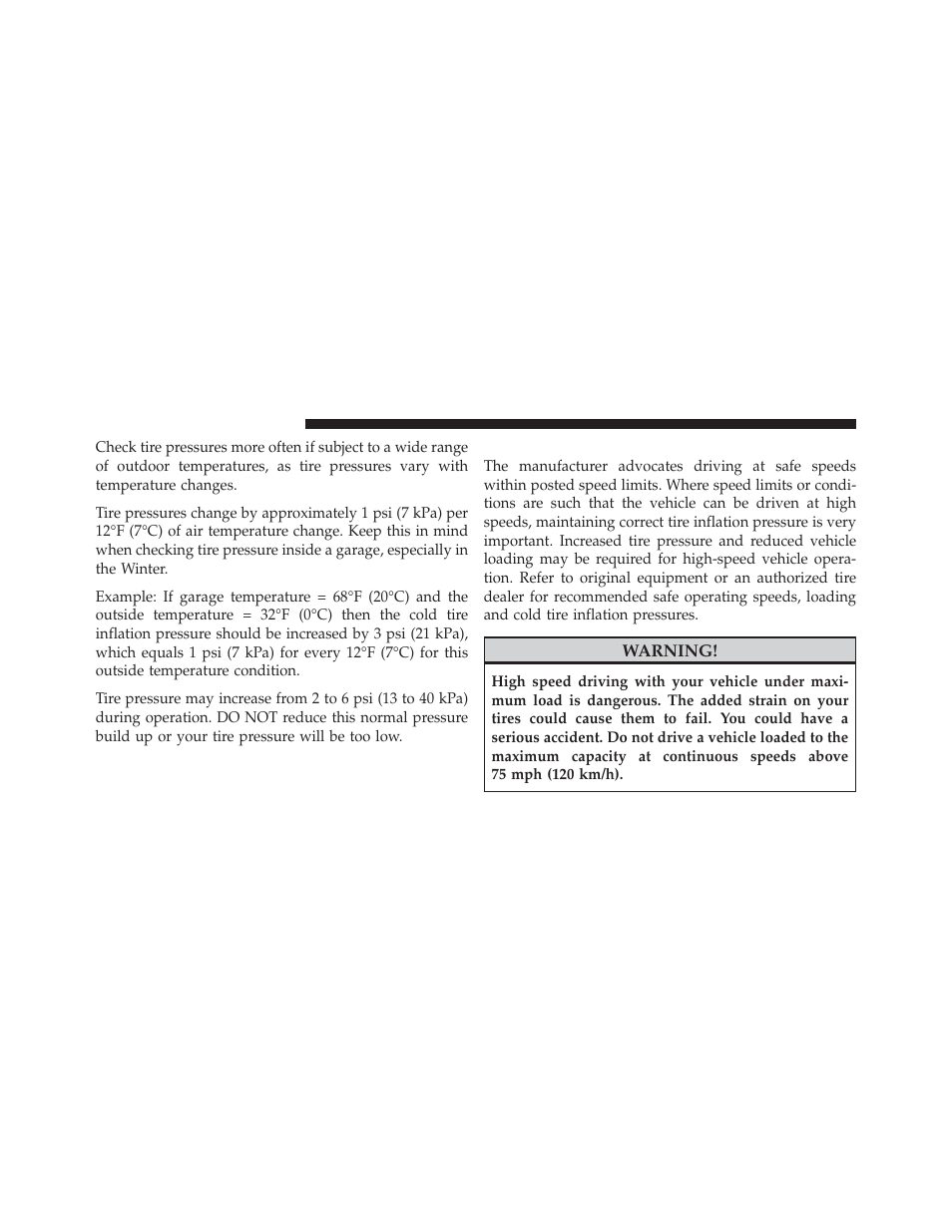 Tire pressures for high speed operation | Chrysler 2012 300 SRT - Owner Manual User Manual | Page 400 / 557