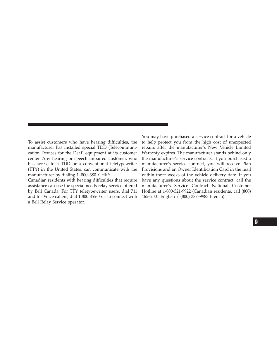 Service contract, Customer assistance for the hearing or, Speech impaired (tdd/tty) | Chrysler 2012 300 SRT - Owner Manual User Manual | Page 529 / 557