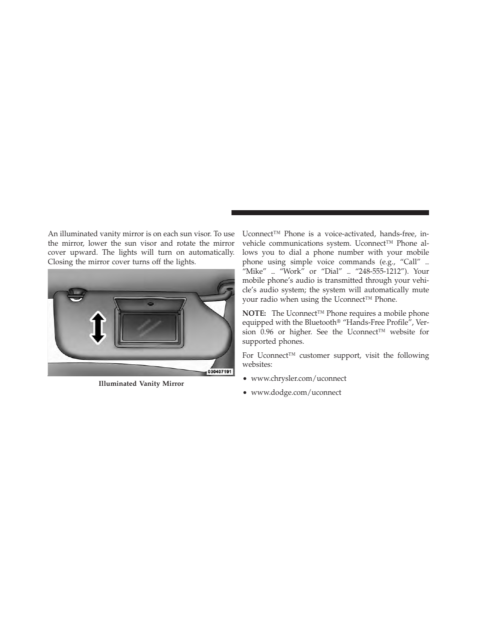 Illuminated vanity mirrors — if equipped, Uconnect™ phone — if equipped | Chrysler 2012 200 - Owner Manual User Manual | Page 102 / 508