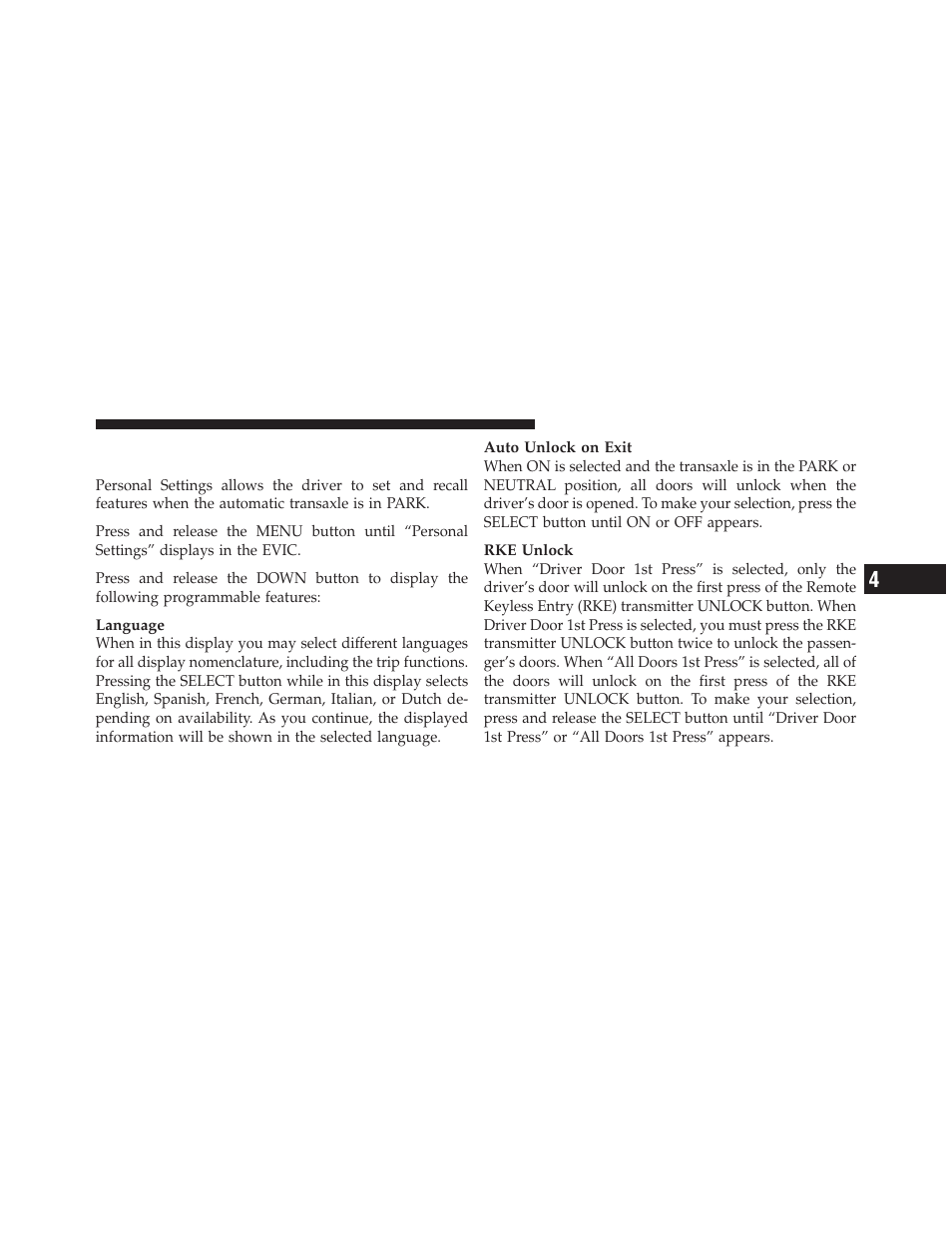 Personal settings (customer-programmable features), Personal settings, Customer-programmable features) | Chrysler 2012 200 - Owner Manual User Manual | Page 221 / 508