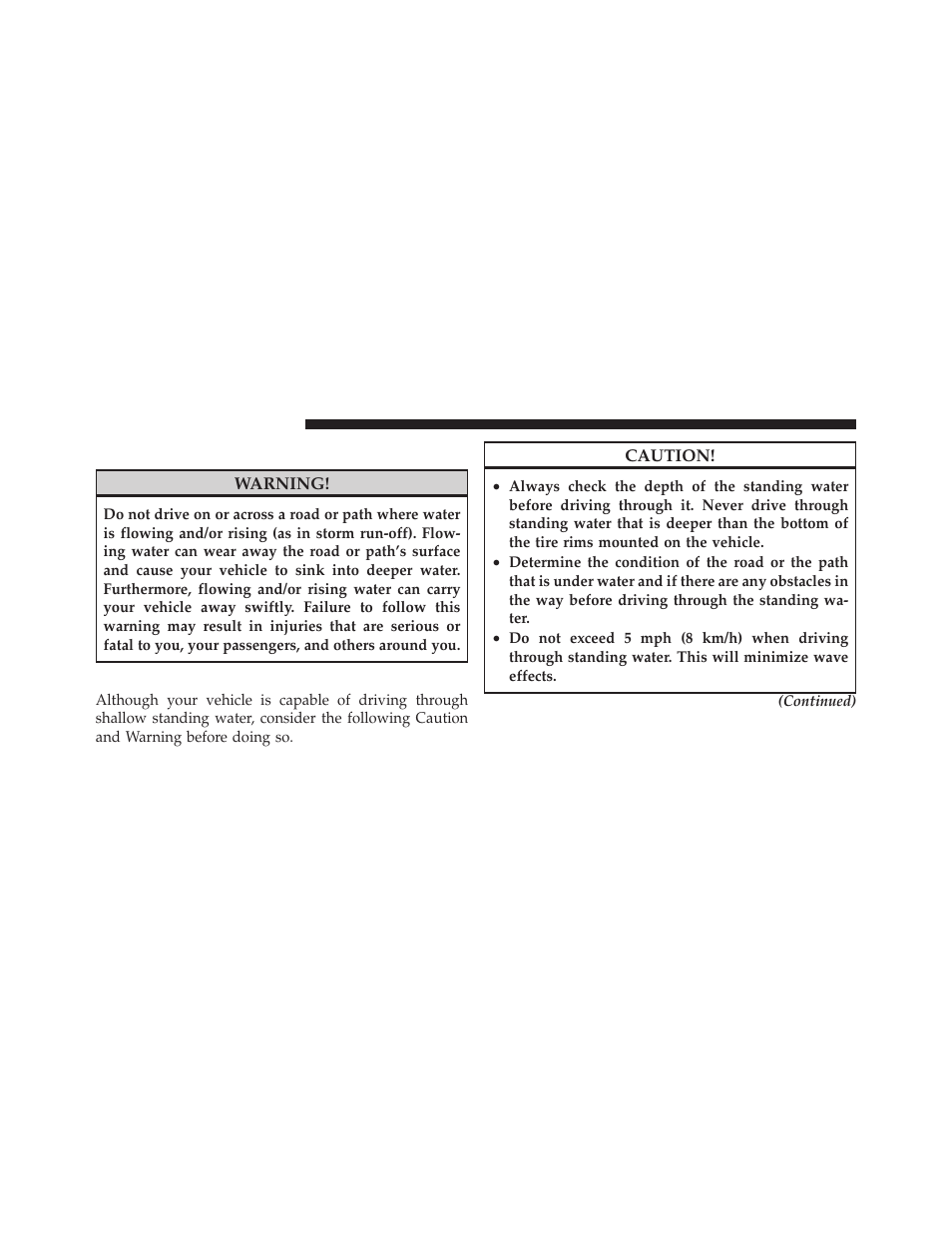 Flowing/rising water, Shallow standing water | Chrysler 2012 200 - Owner Manual User Manual | Page 320 / 508