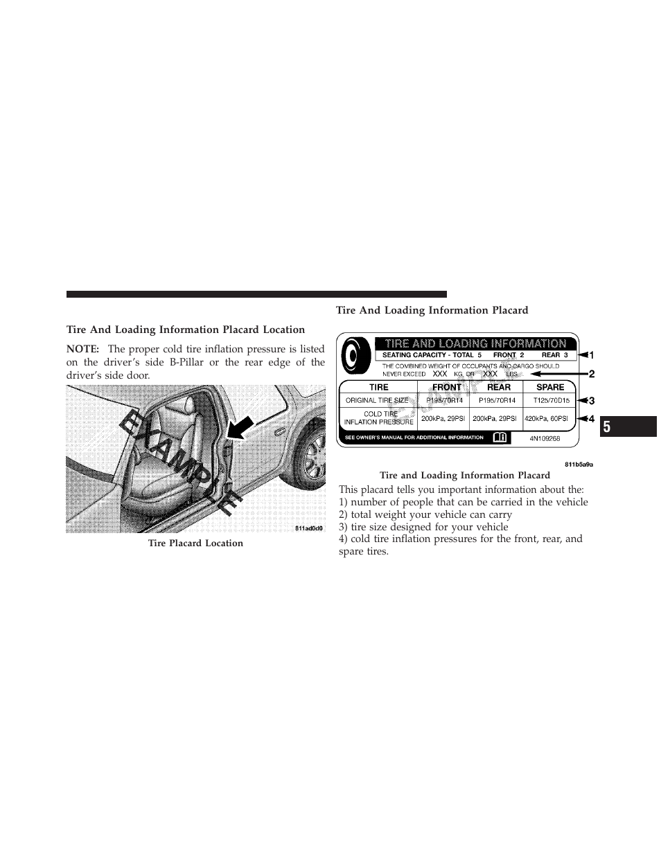 Tire loading and tire pressure | Chrysler 2012 200 - Owner Manual User Manual | Page 339 / 508