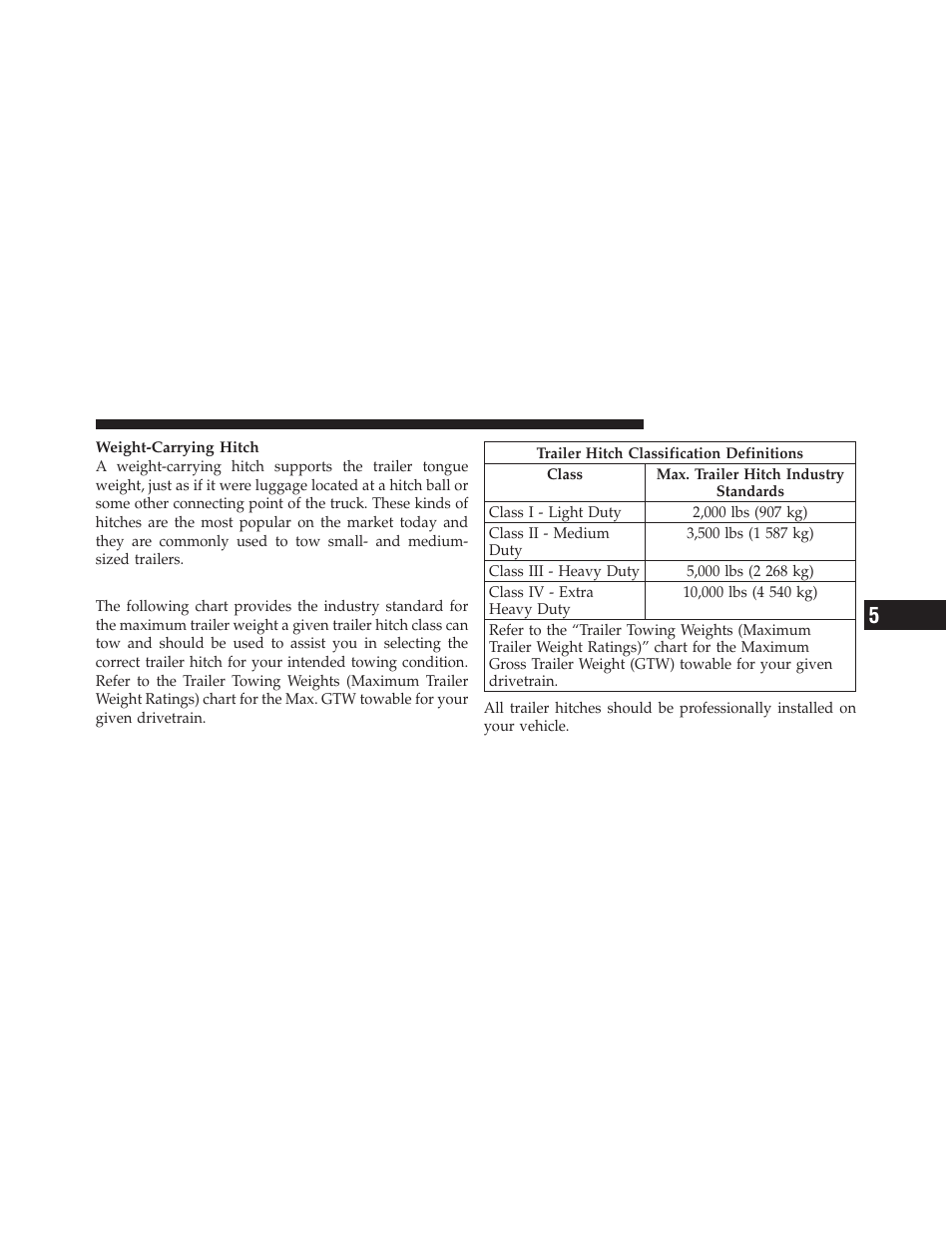 Trailer hitch classification | Chrysler 2012 200 - Owner Manual User Manual | Page 377 / 508