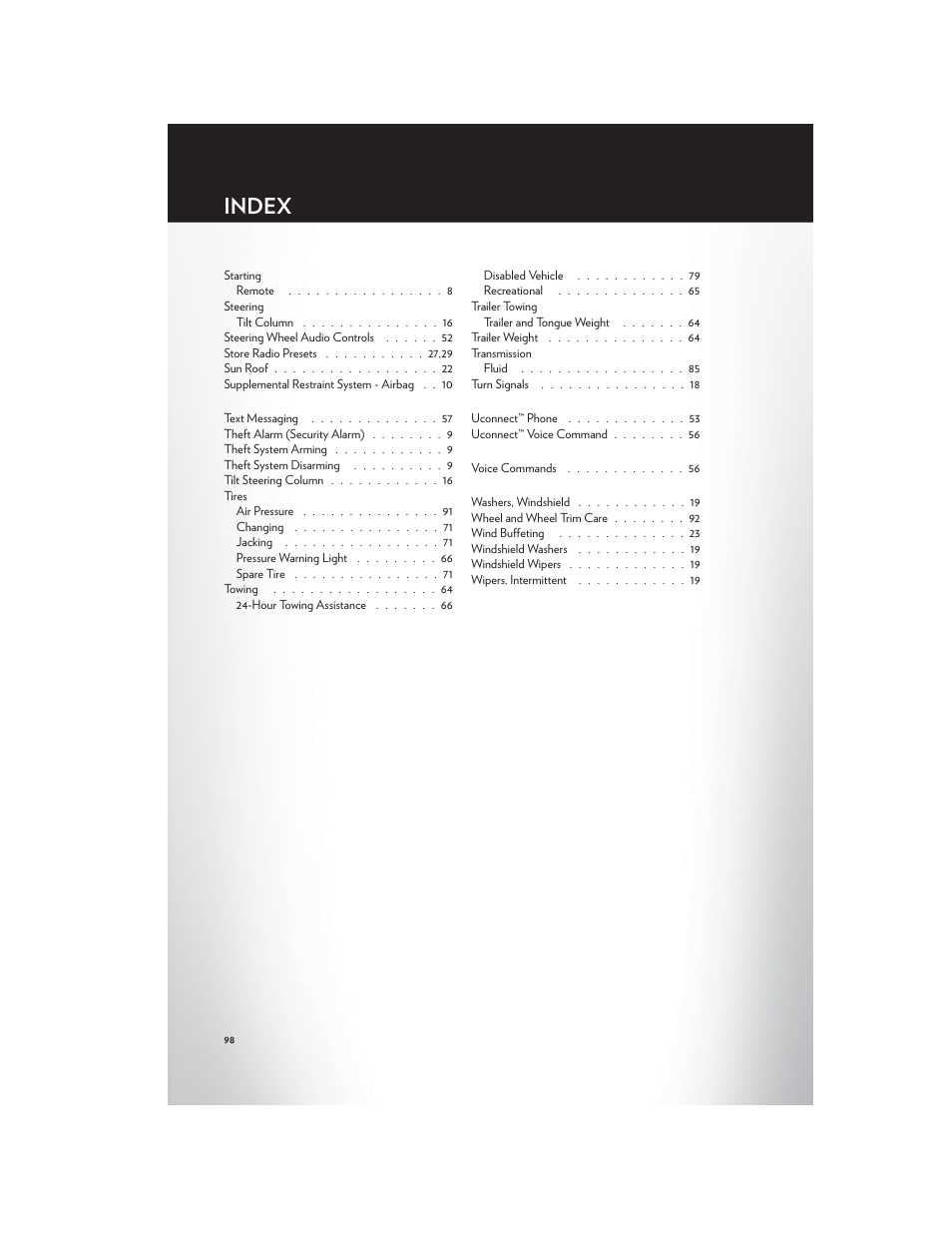 Index | Chrysler 2012 200 - User Guide User Manual | Page 100 / 108