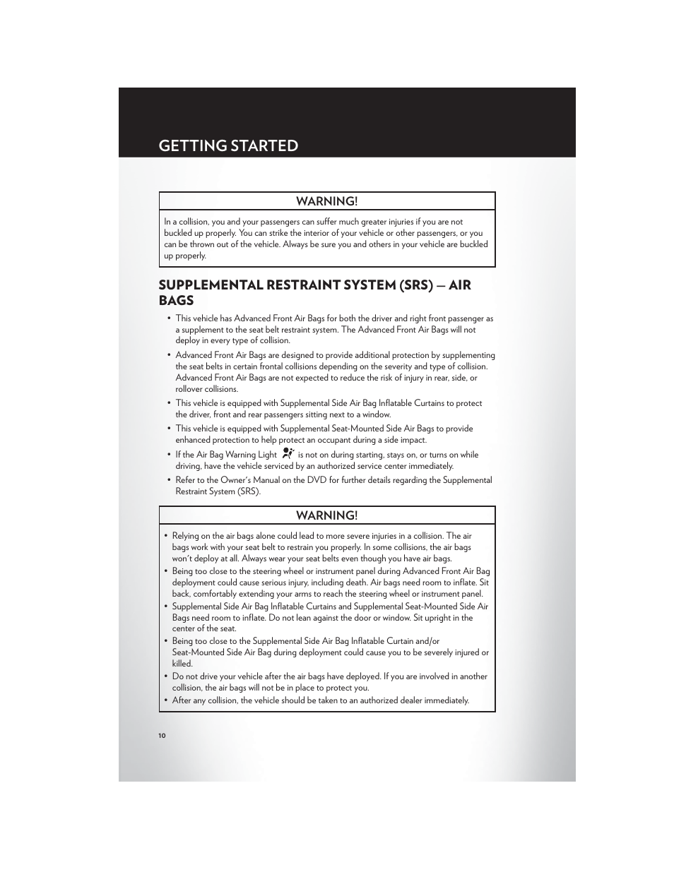 Supplemental restraint system (srs) — air bags, Getting started | Chrysler 2012 200 - User Guide User Manual | Page 12 / 108