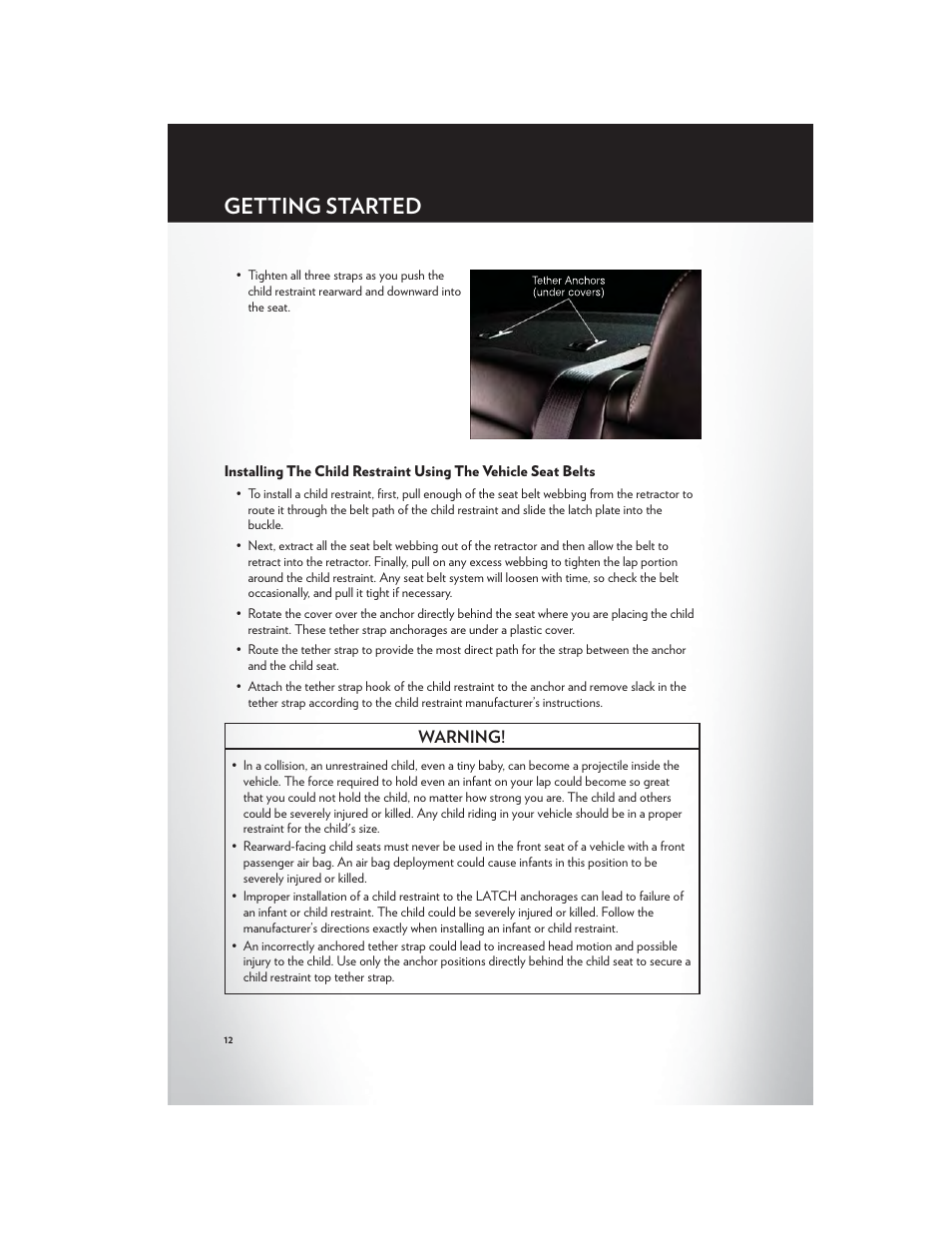 Getting started, Warning | Chrysler 2012 200 - User Guide User Manual | Page 14 / 108