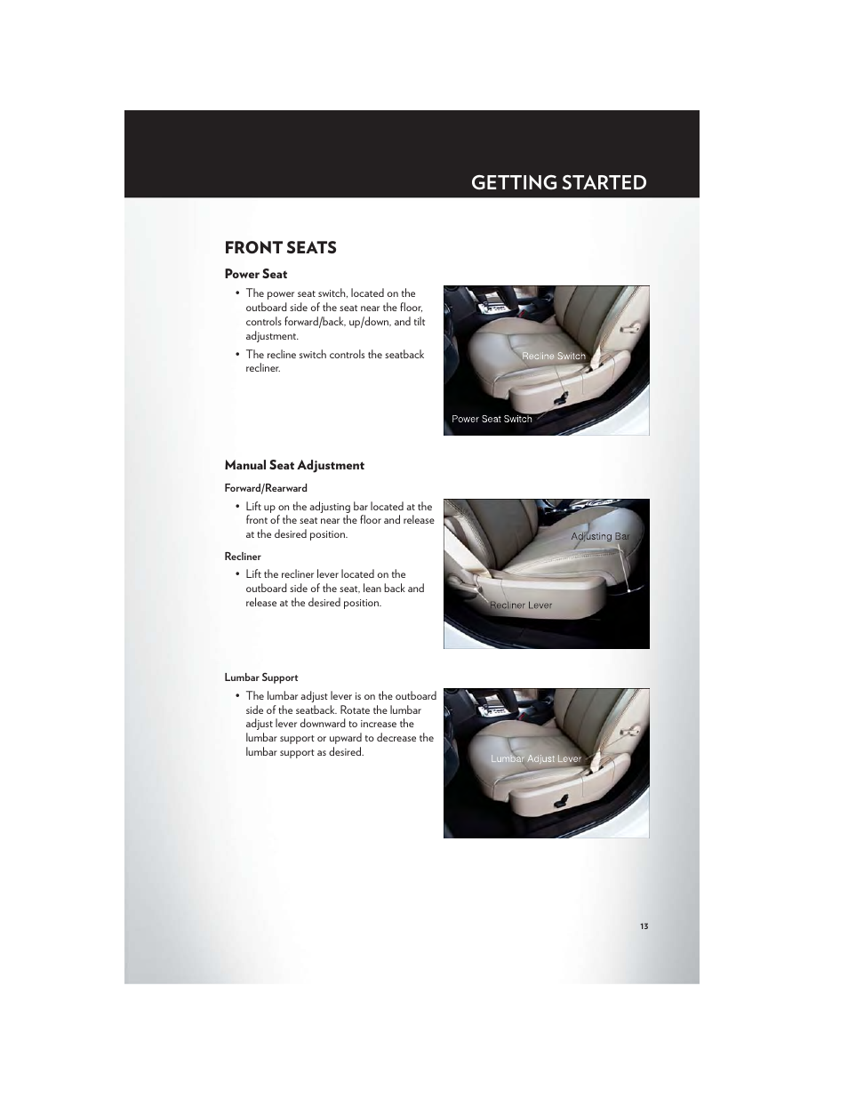 Front seats, Power seat, Manual seat adjustment | Getting started | Chrysler 2012 200 - User Guide User Manual | Page 15 / 108