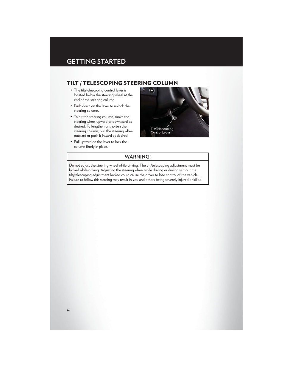 Tilt / telescoping steering column, Getting started | Chrysler 2012 200 - User Guide User Manual | Page 18 / 108