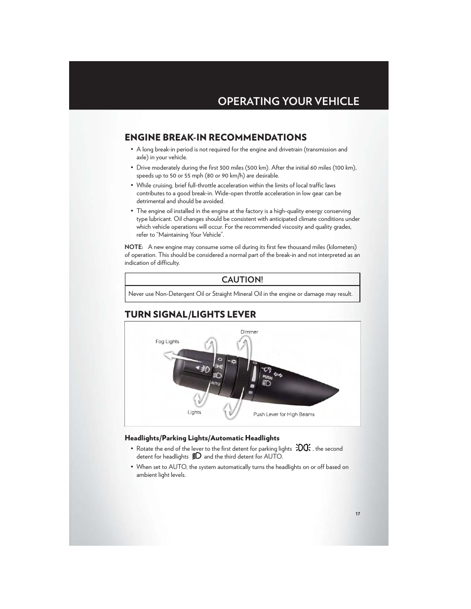 Operating your vehicle, Engine break-in recommendations, Turn signal/lights lever | Headlights/parking lights/automatic headlights | Chrysler 2012 200 - User Guide User Manual | Page 19 / 108