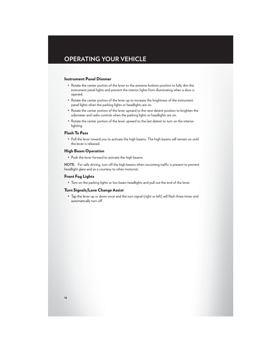 Instrument panel dimmer, Flash to pass, High beam operation | Front fog lights, Turn signals/lane change assist, Operating your vehicle | Chrysler 2012 200 - User Guide User Manual | Page 20 / 108