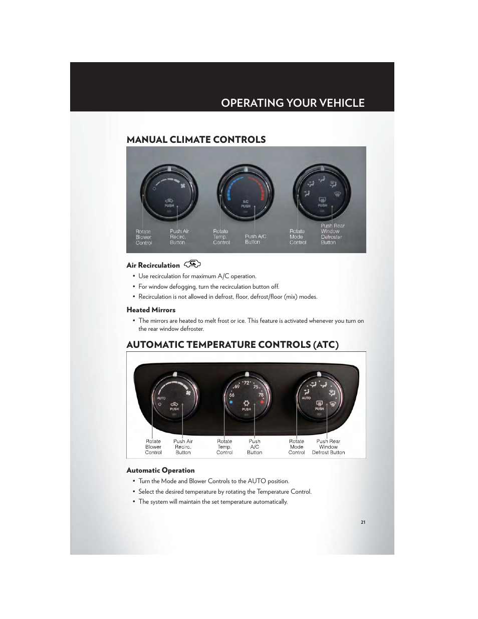 Manual climate controls, Air recirculation, Heated mirrors | Automatic temperature controls (atc), Automatic operation, Operating your vehicle | Chrysler 2012 200 - User Guide User Manual | Page 23 / 108