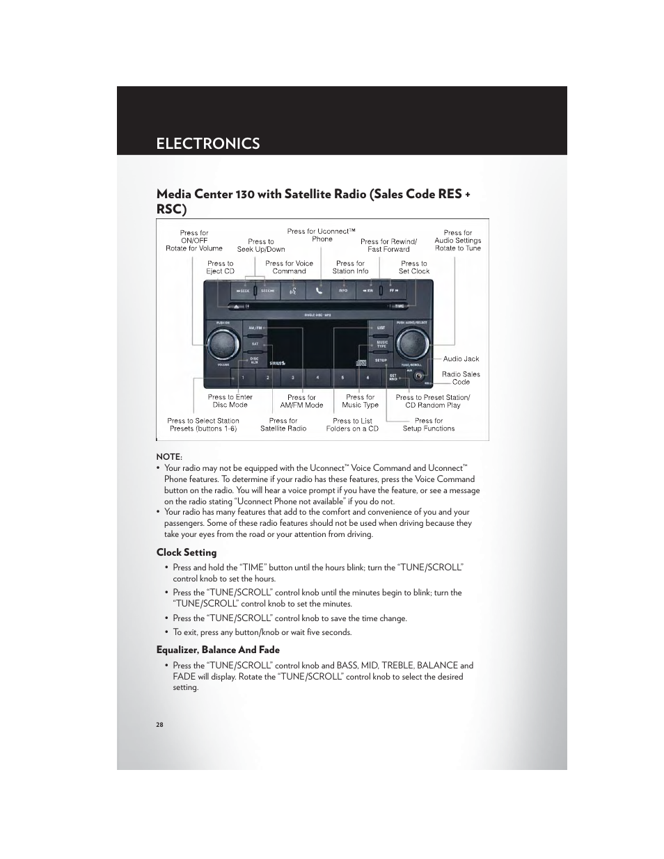 Clock setting, Equalizer, balance and fade, Electronics | Chrysler 2012 200 - User Guide User Manual | Page 30 / 108