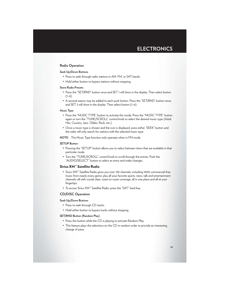 Radio operation, Sirius xm™ satellite radio, Cd/disc operation | Electronics | Chrysler 2012 200 - User Guide User Manual | Page 31 / 108