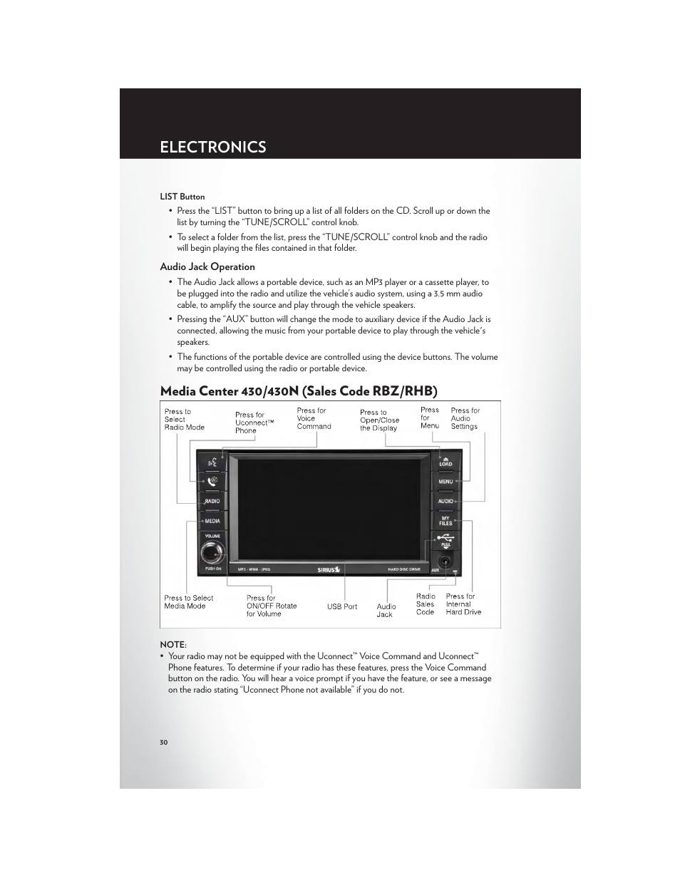 Audio jack operation, Media center 430/430n (sales code rbz/rhb), Electronics | Chrysler 2012 200 - User Guide User Manual | Page 32 / 108