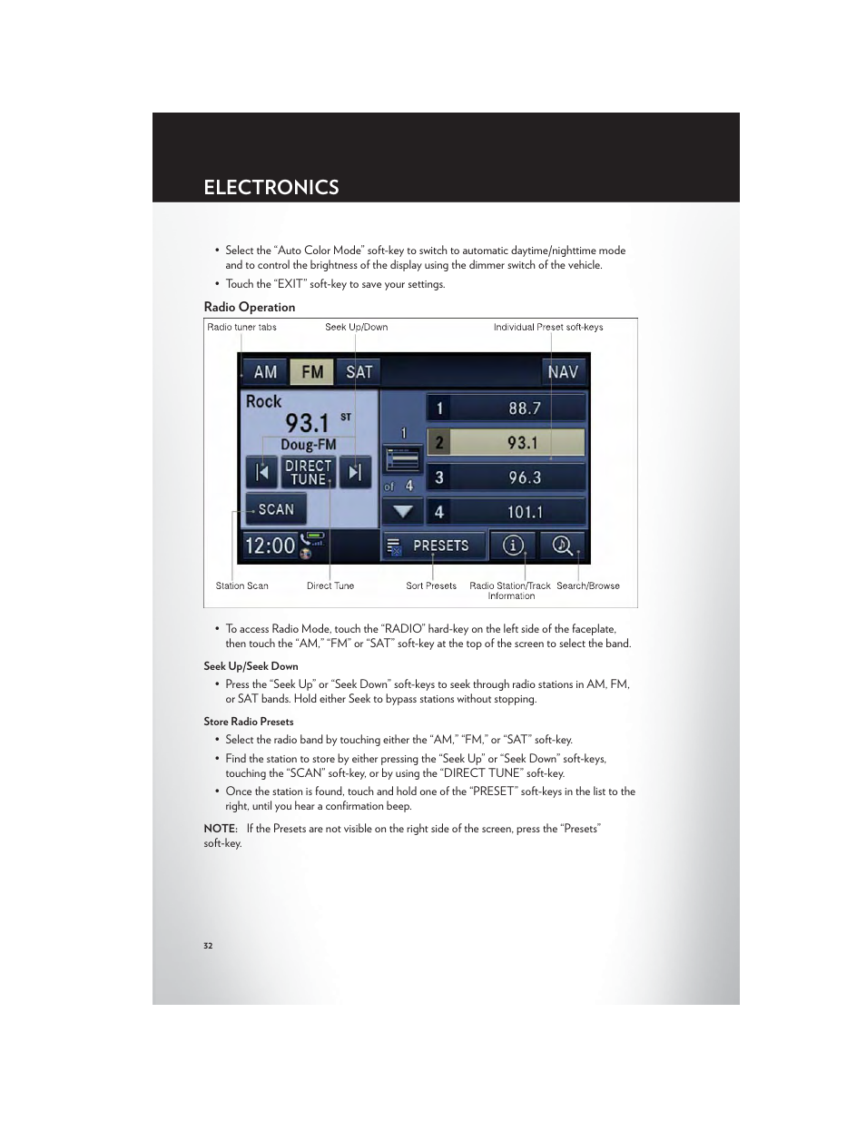 Radio operation, Electronics | Chrysler 2012 200 - User Guide User Manual | Page 34 / 108