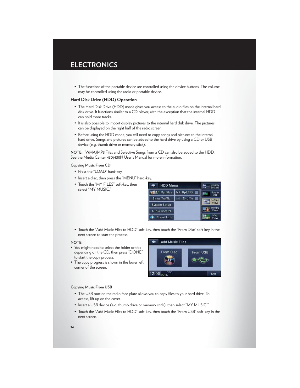 Hard disk drive (hdd) operation, Electronics | Chrysler 2012 200 - User Guide User Manual | Page 36 / 108