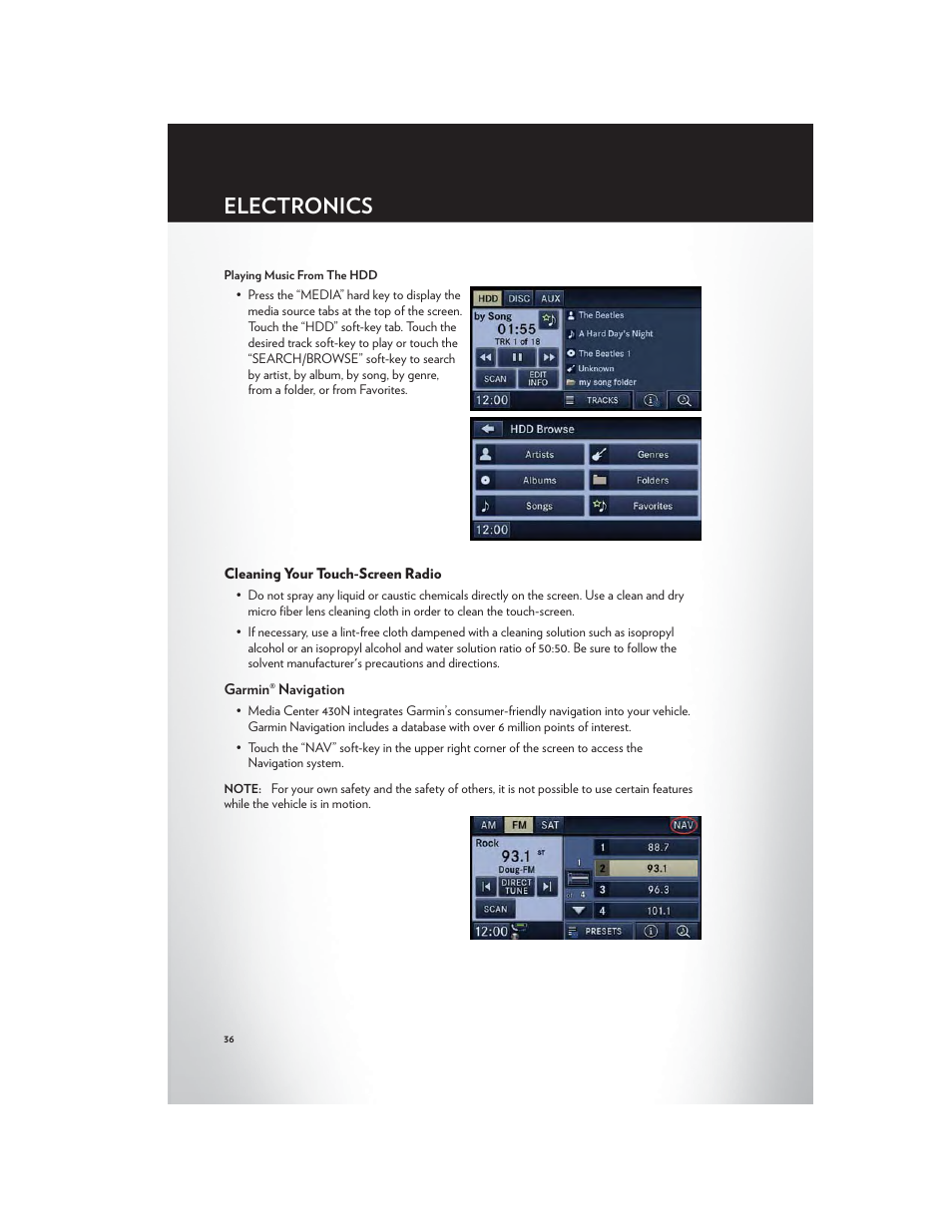 Cleaning your touch-screen radio, Garmin® navigation, Electronics | Chrysler 2012 200 - User Guide User Manual | Page 38 / 108