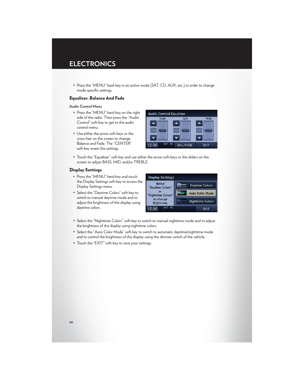 Equalizer, balance and fade, Display settings, Electronics | Chrysler 2012 200 - User Guide User Manual | Page 42 / 108
