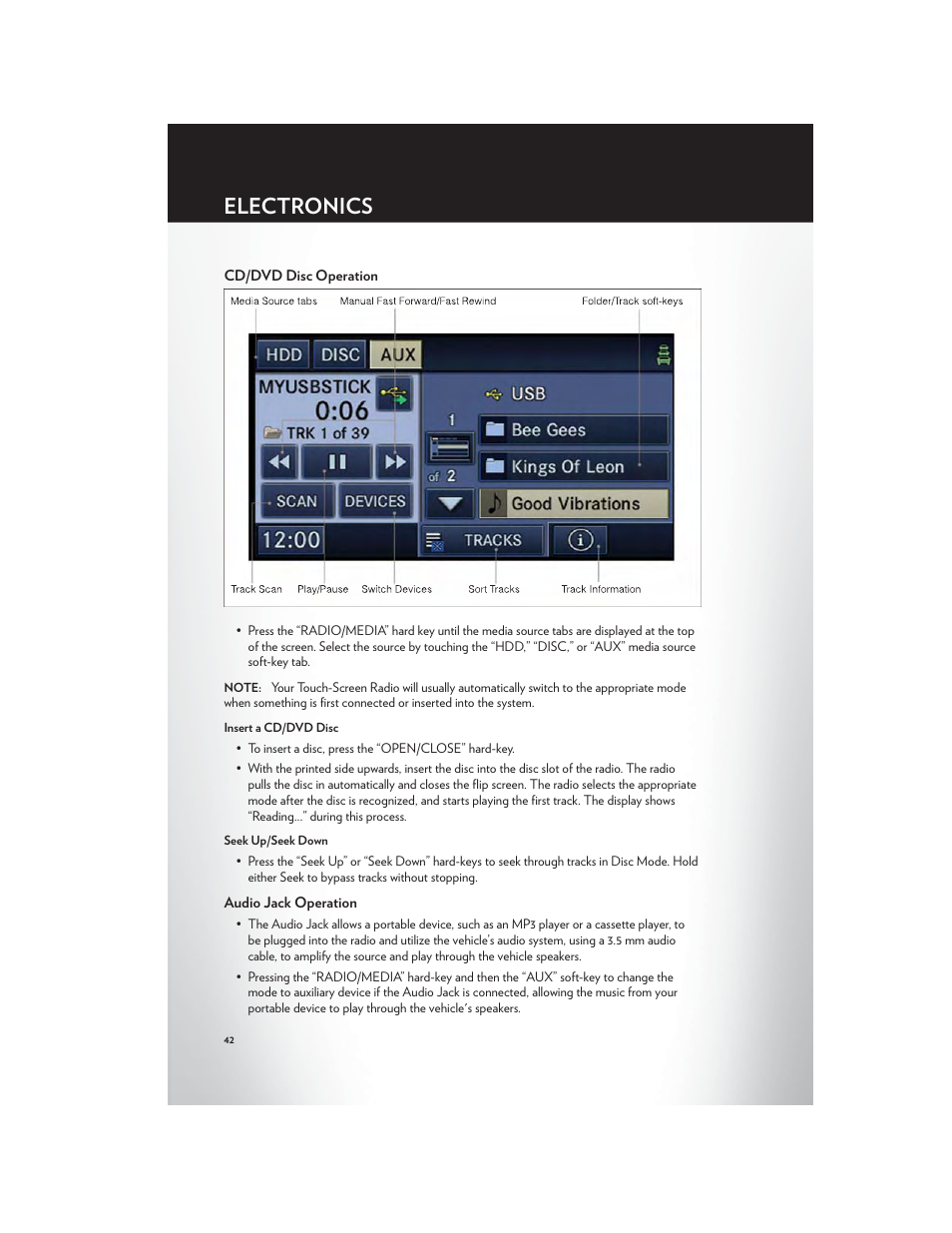 Cd/dvd disc operation, Audio jack operation, Electronics | Chrysler 2012 200 - User Guide User Manual | Page 44 / 108
