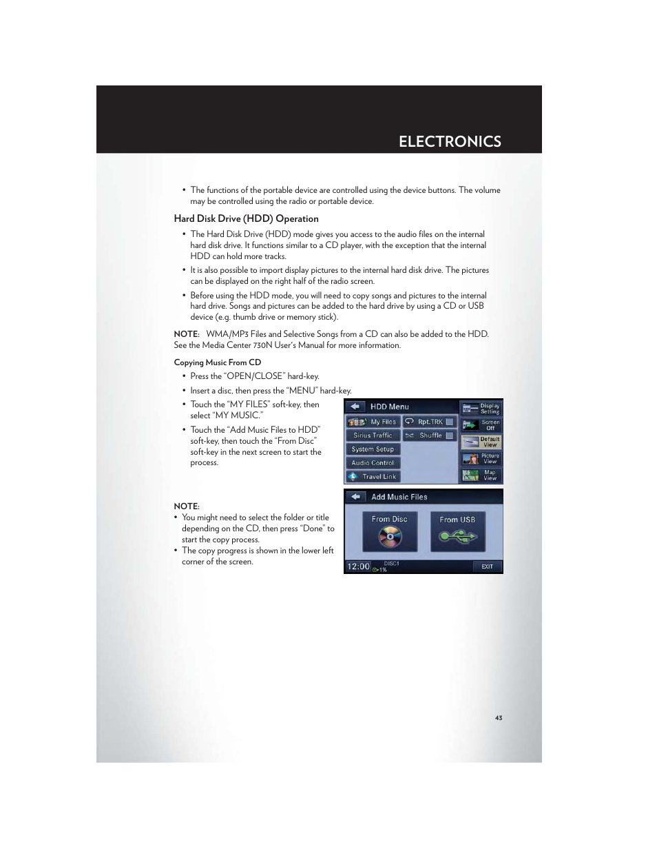 Hard disk drive (hdd) operation, Electronics | Chrysler 2012 200 - User Guide User Manual | Page 45 / 108