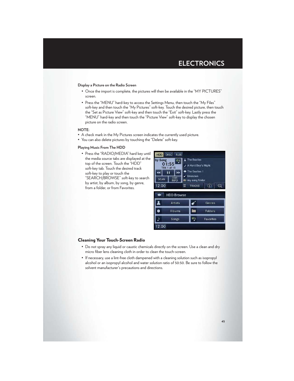 Cleaning your touch-screen radio, Electronics | Chrysler 2012 200 - User Guide User Manual | Page 47 / 108