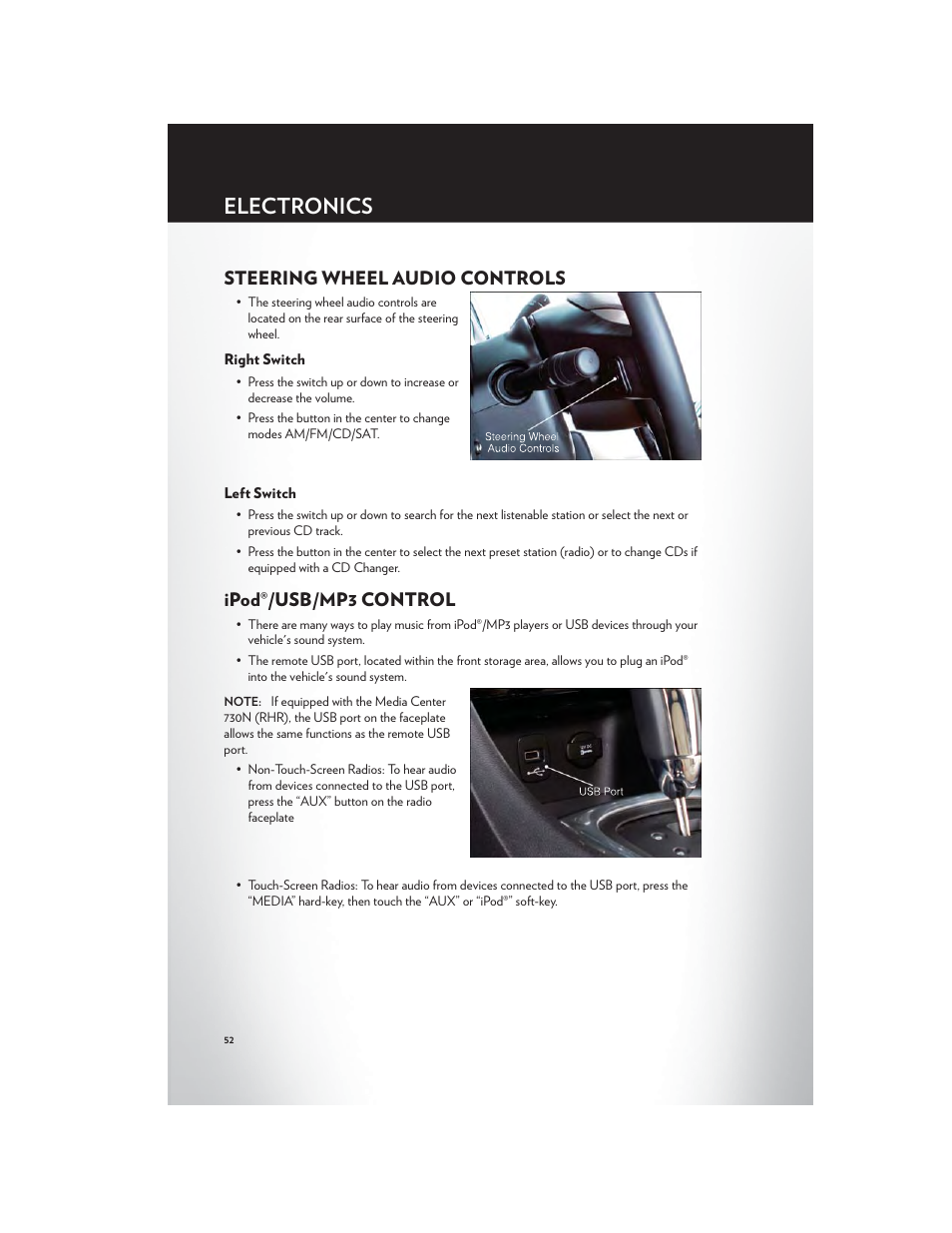 Steering wheel audio controls, Right switch, Left switch | Ipod®/usb/mp3 control, Electronics | Chrysler 2012 200 - User Guide User Manual | Page 54 / 108