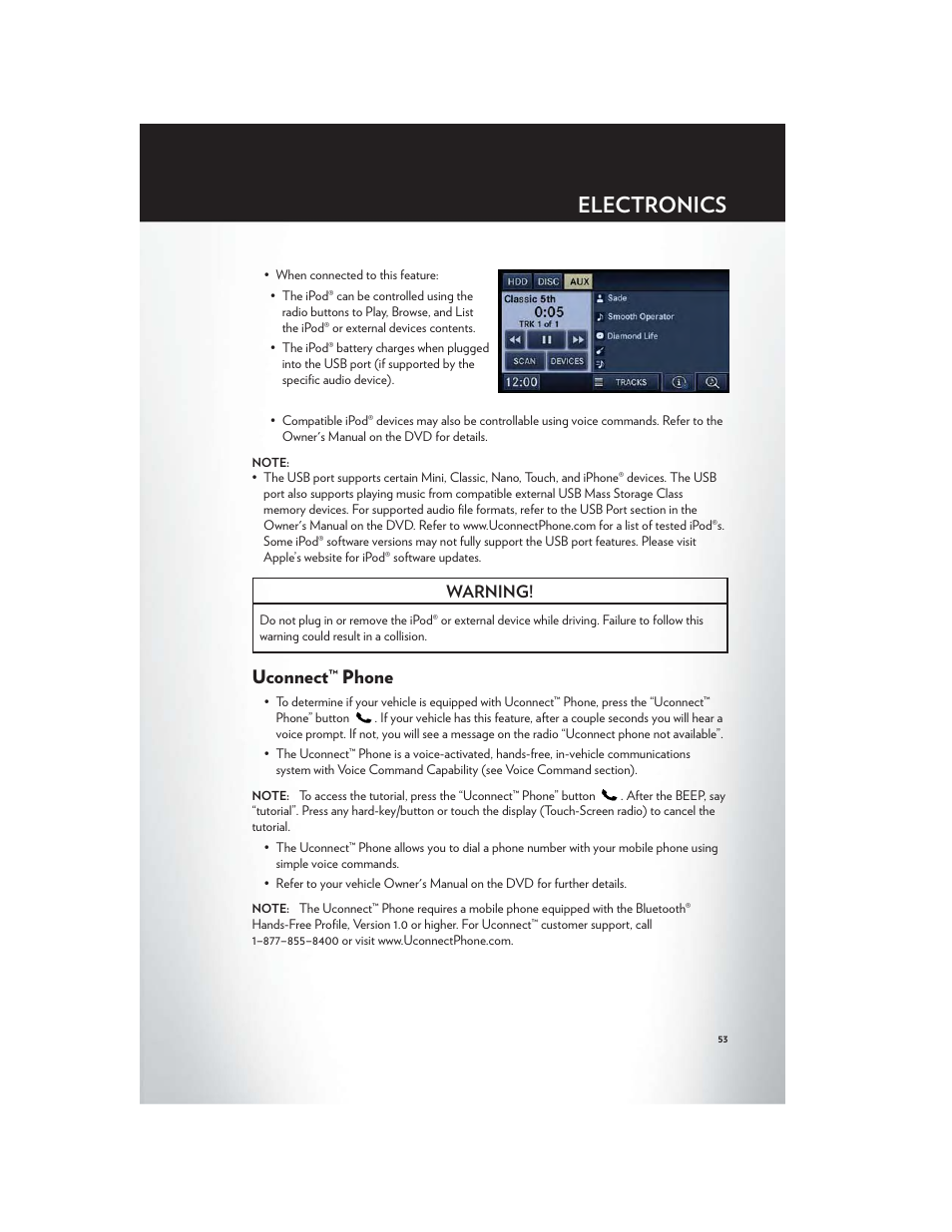 Uconnect™ phone, Electronics, Warning | Chrysler 2012 200 - User Guide User Manual | Page 55 / 108