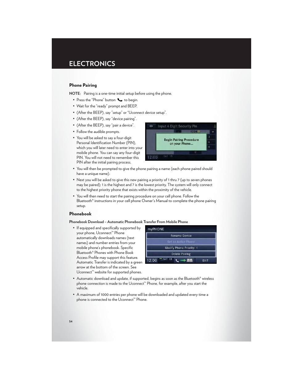 Phone pairing, Phonebook, Electronics | Chrysler 2012 200 - User Guide User Manual | Page 56 / 108