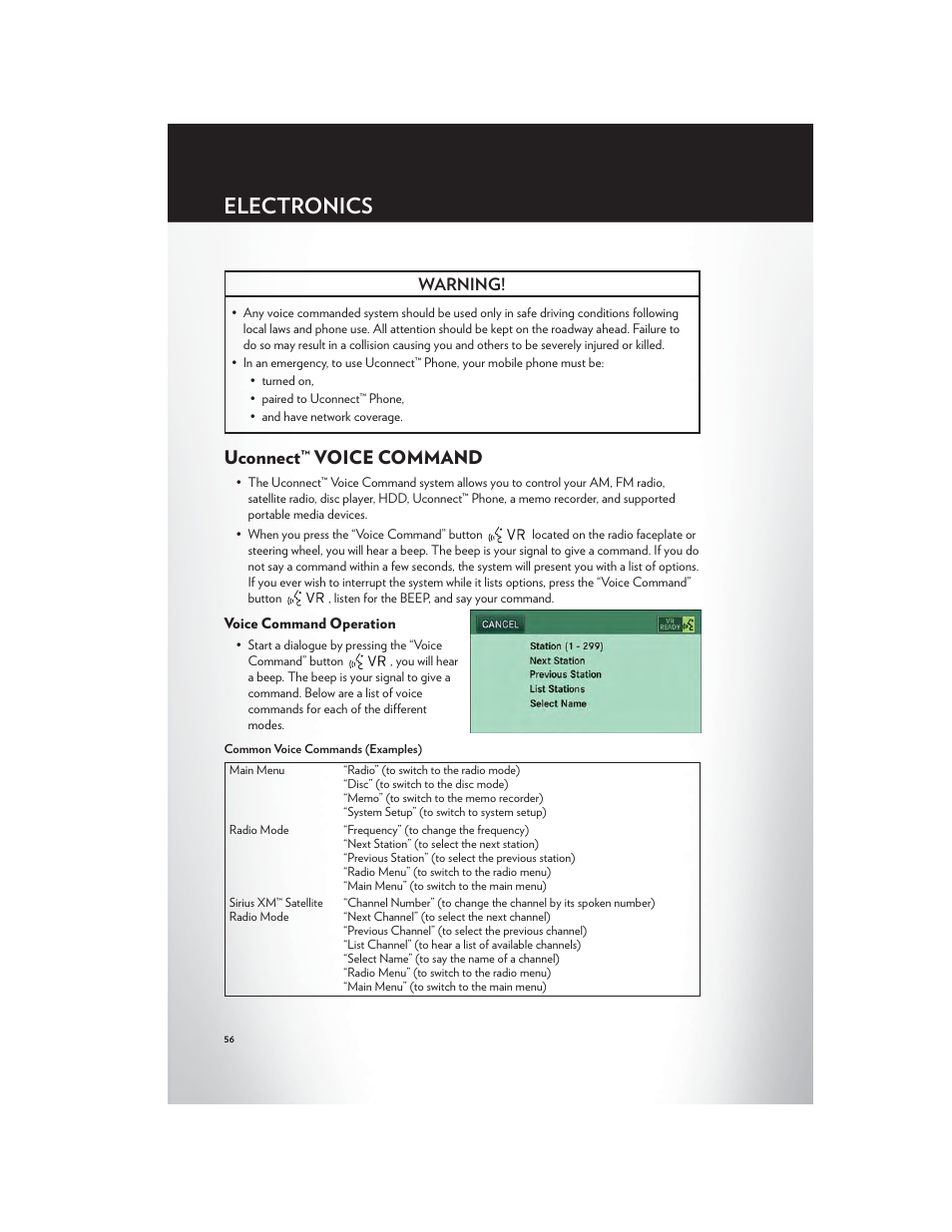 Uconnect™ voice command, Voice command operation, Electronics | Warning | Chrysler 2012 200 - User Guide User Manual | Page 58 / 108