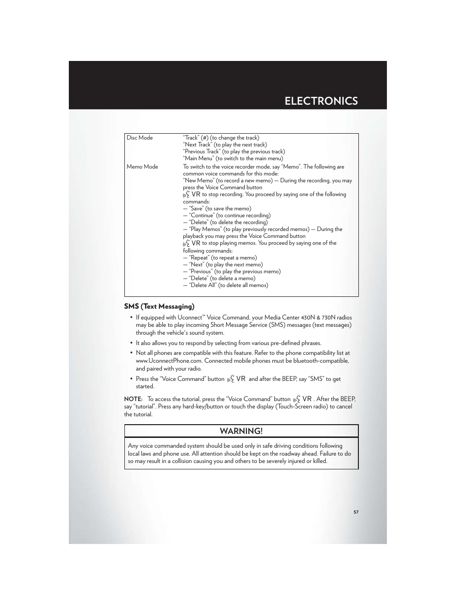 Sms (text messaging), Electronics, Warning | Chrysler 2012 200 - User Guide User Manual | Page 59 / 108